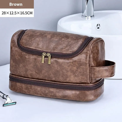PU leather cosmetics storage bag with hook in black, brown or dark brown, simple modern travel wash bag