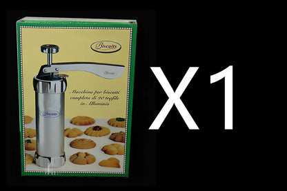 Stainless steel cookie press with 20 pattern discs for making uniform biscuits