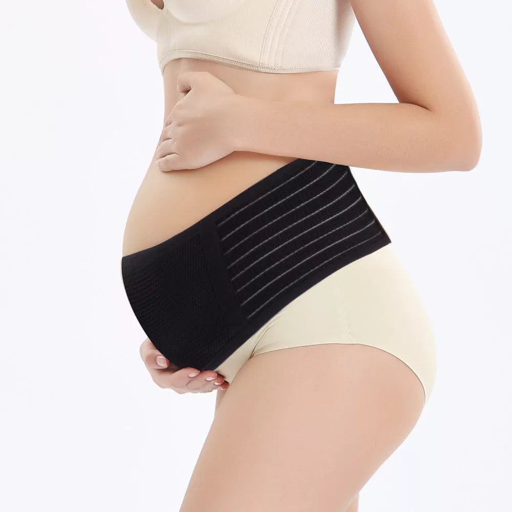 Adjustable mid-pregnancy abdominal support belt in pink, black, brown, and gray