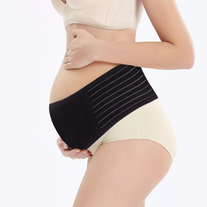 Adjustable mid-pregnancy abdominal support belt in pink, black, brown, and gray