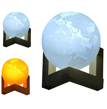 3D printed Earth and Jupiter lamps with touch control and solid wood bases in various sizes from 8cm to 22cm