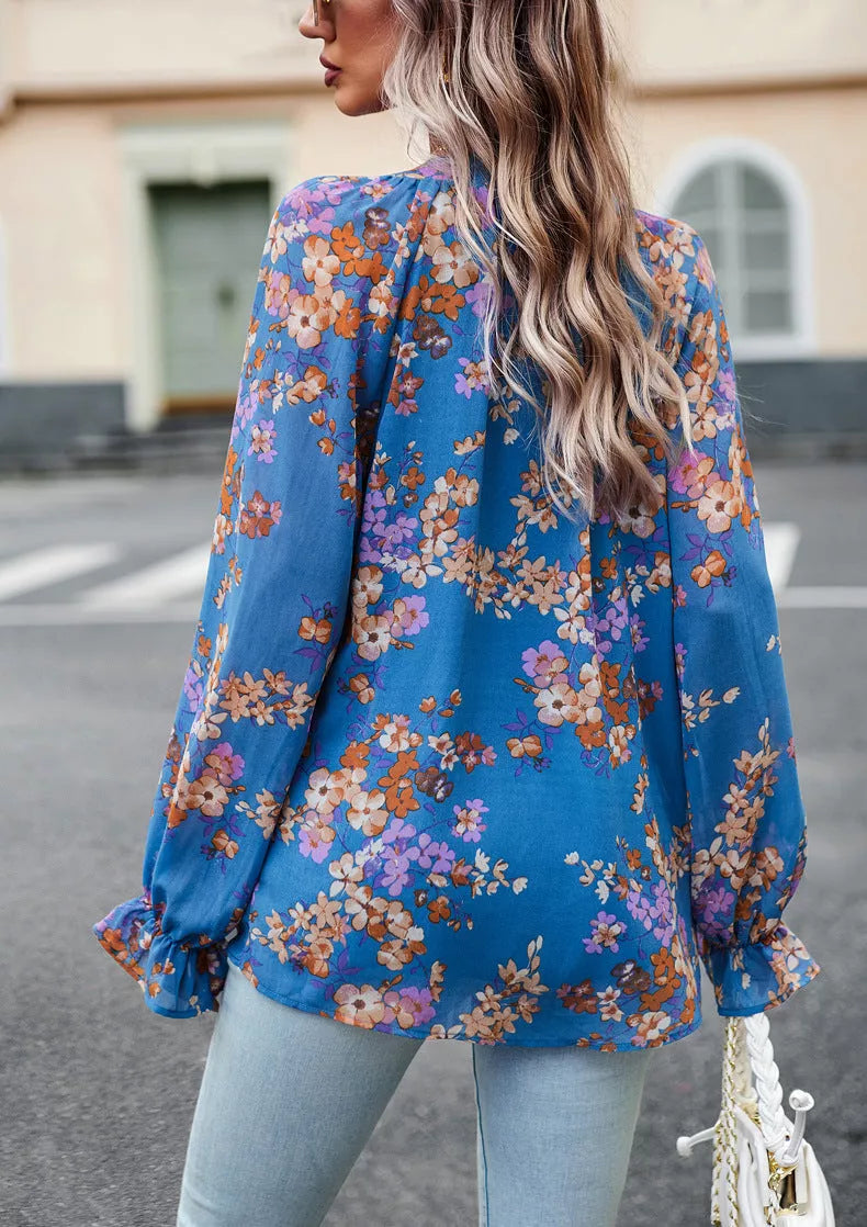 Women's floral print V-neck long sleeve chiffon blouse in black, blue, and apricot