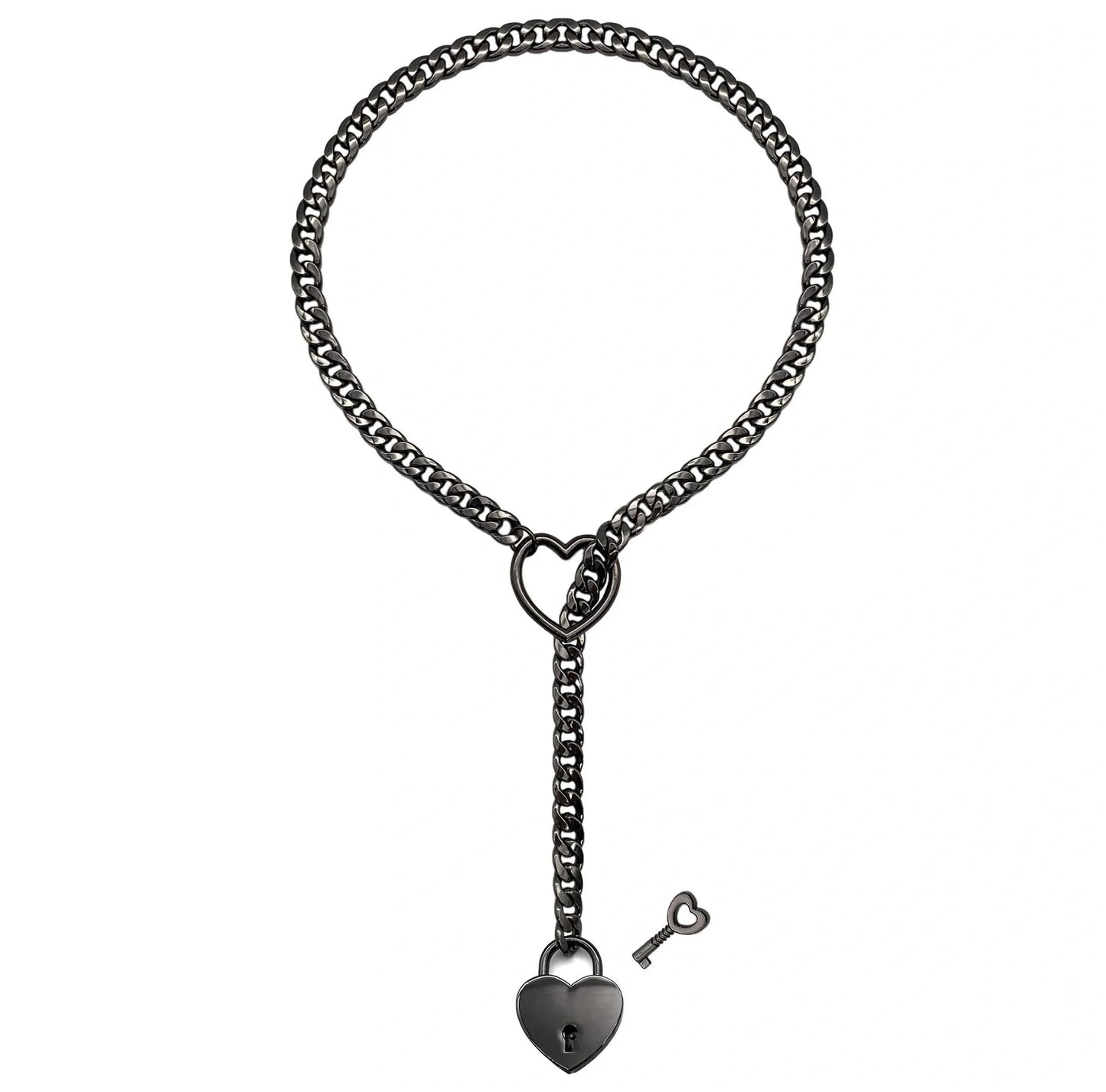 Adjustable heart-shaped O-ring slip chain necklace in black, silver, and gold