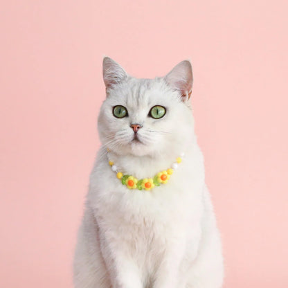 Colourful plastic bead cat necklace with adjustable clasp showing peach, rainbow, and small flower pattern options