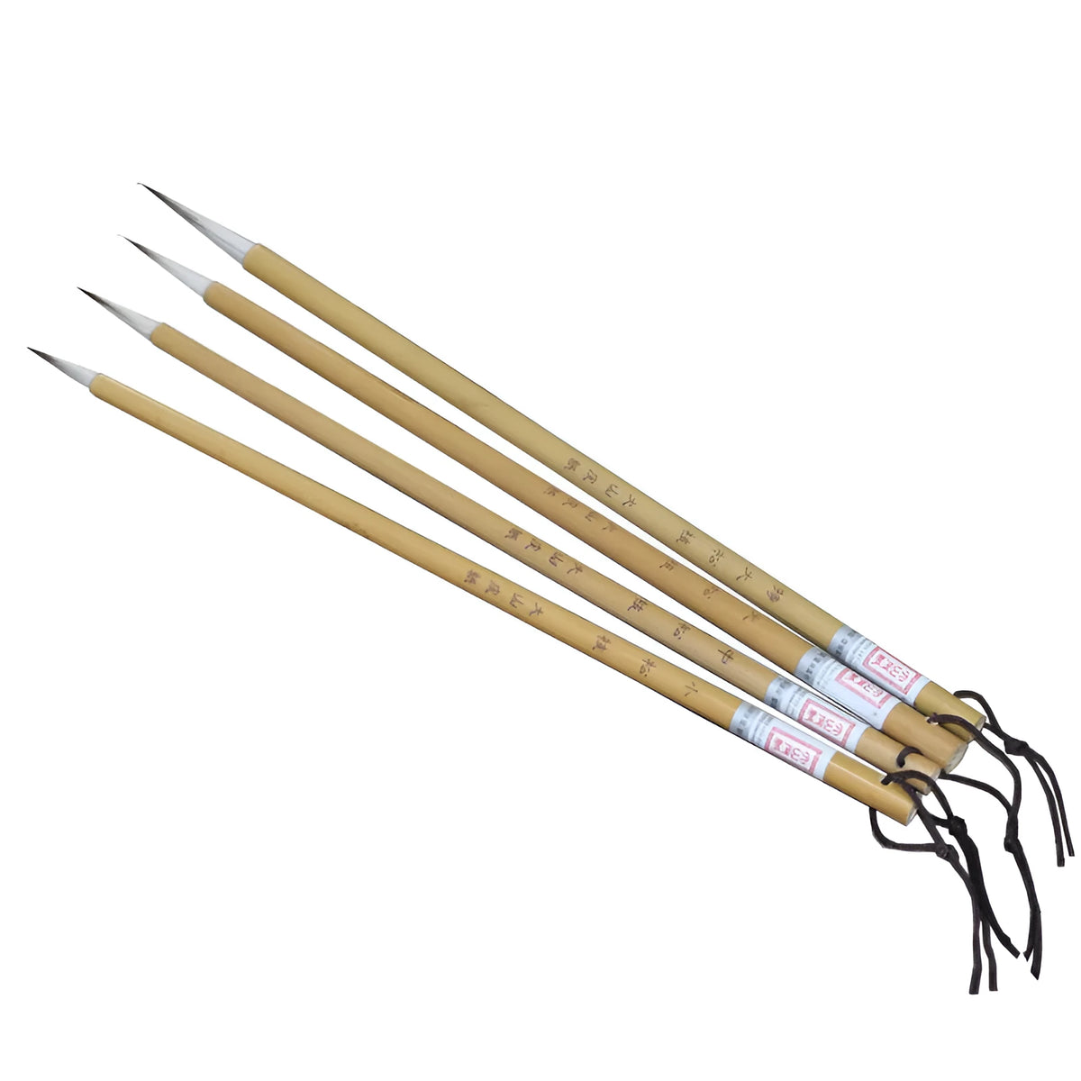 Four traditional Chinese calligraphy brushes with thin gold bodies and pine branch design