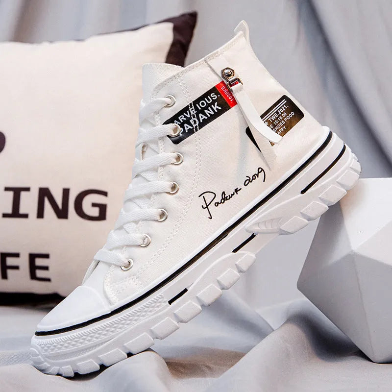 Men's high top canvas casual shoes with letter pattern, front lace-up, round toe, white green black, sizes 39-44