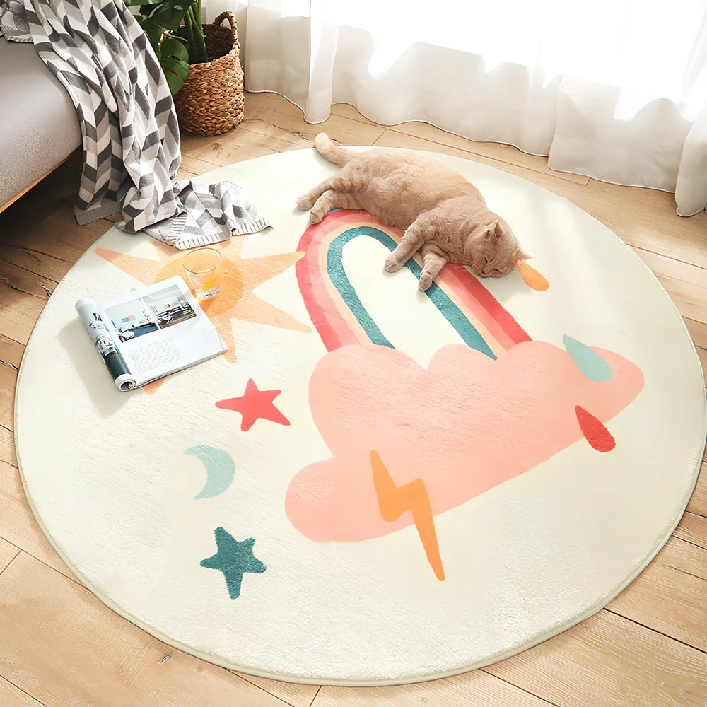 Cartoon thickened acrylic round table blanket in Cake Town pattern, 120cm diameter, white background