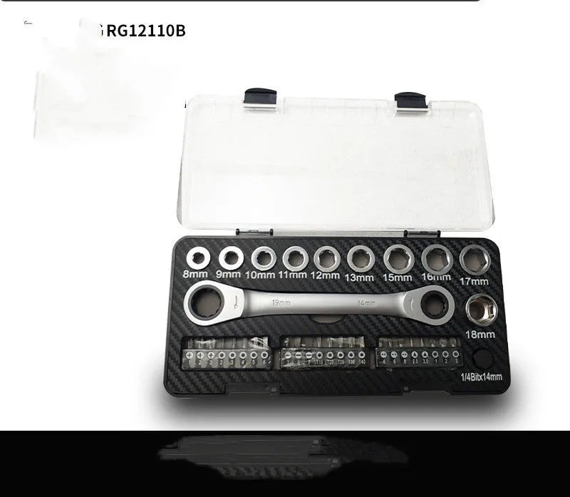 Double-ended ratchet wrench set with sockets and screwdriver bits laid out