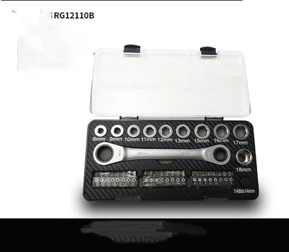 Double-ended ratchet wrench set with sockets and screwdriver bits laid out
