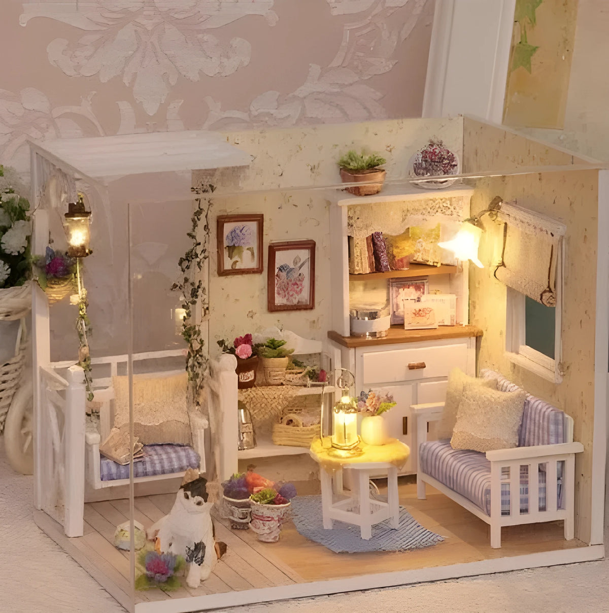Miniature wooden doll house DIY kit with furniture and accessories, Style A or B