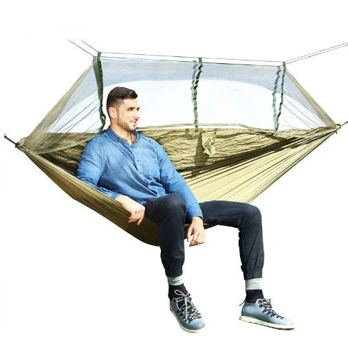 Lightweight and portable parachute hammock with mosquito net for outdoor relaxation