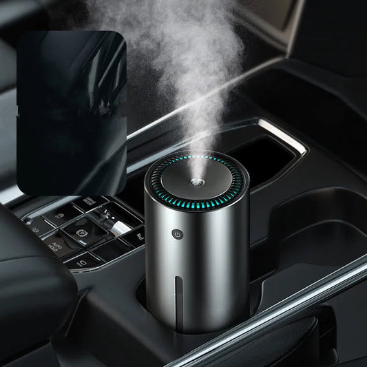 Black car diffuser humidifier with aluminium alloy casing, USB port, and less than 1-litre capacity