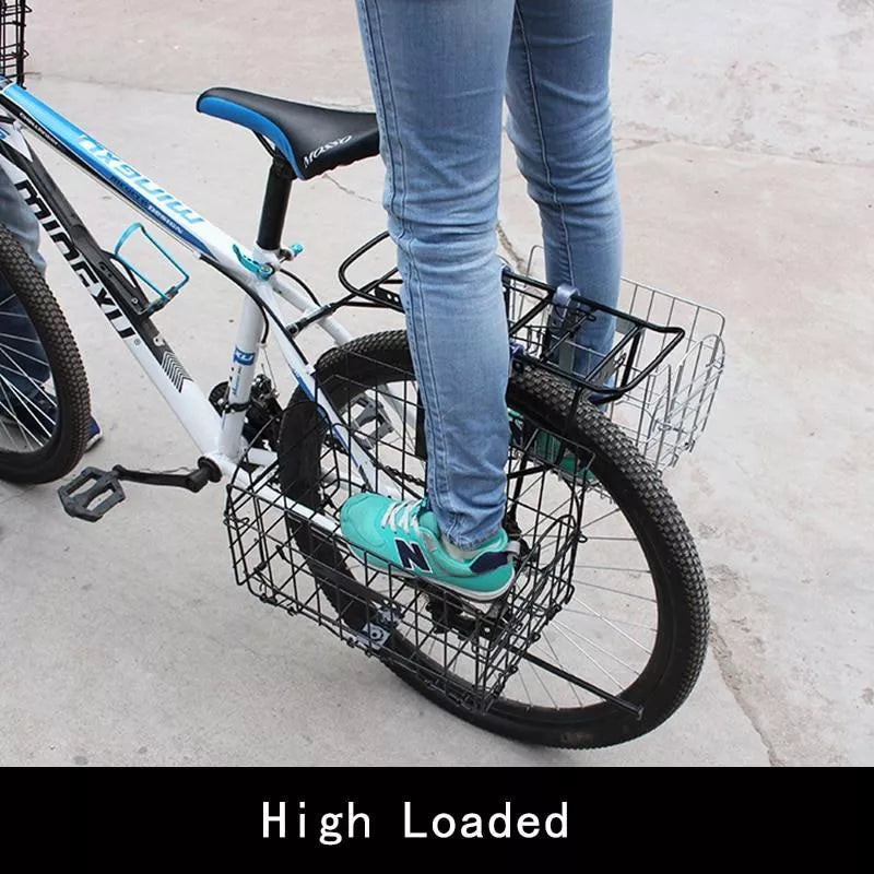 Foldable bicycle basket in black or silver, durable steel construction