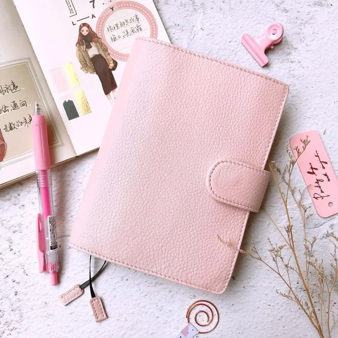 Cowhide leather A6 notebook with Lychee pattern design in loose-leaf diary format