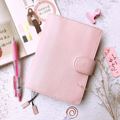 Cowhide leather A6 notebook with Lychee pattern design in loose-leaf diary format