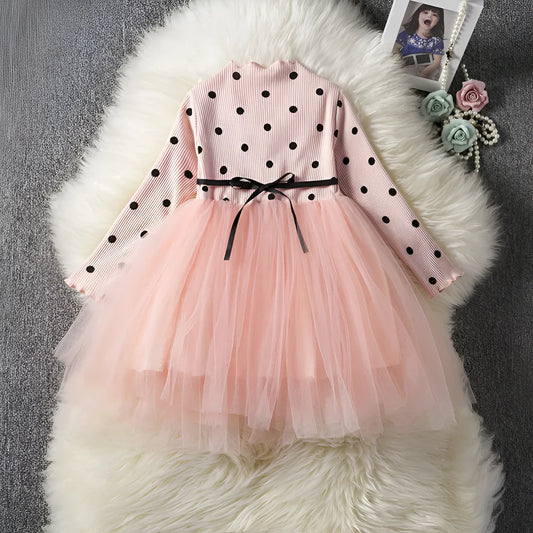 Baby girl's long sleeve black tutu lace dress with lace trim, shown on a hanger.