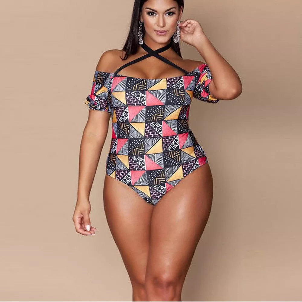 Plus-size geometric bikini with chest pad in photo color, perfect for swimming and wading sports