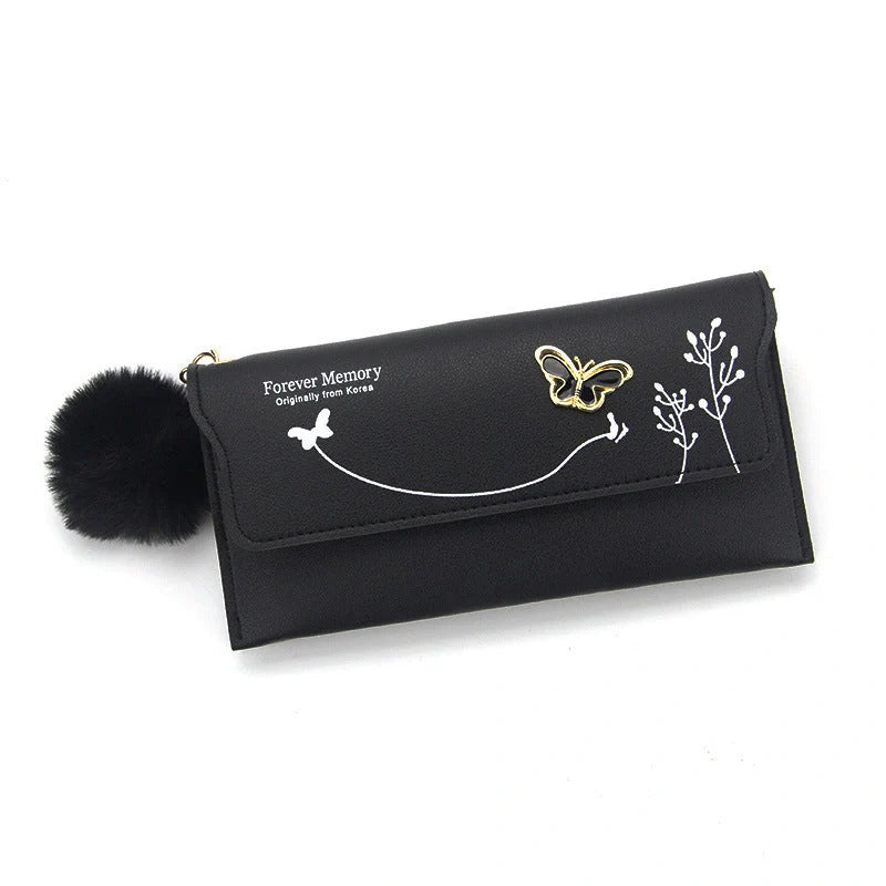 Ladies Long Hair Ball Bow PU Leather Purse in various colors with magnetic buckle