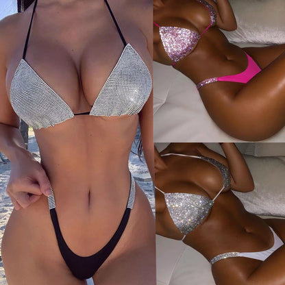 Solid color bikini with diamond accents, available in black, white, and pink, sizes S, M, L