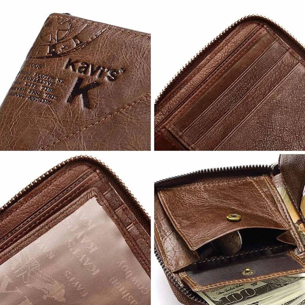 Men's coffee-colour genuine leather wallet with vintage locomotives pattern and multiple internal compartments