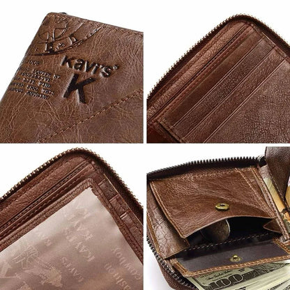 Men's coffee-colour genuine leather wallet with vintage locomotives pattern and multiple internal compartments