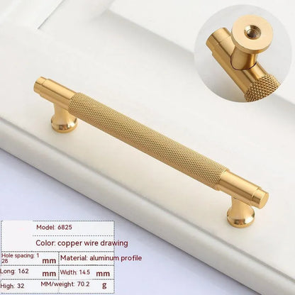 Brushed brass aluminium furniture handle shown alongside hole spacing options of 96mm, 128mm, and 160mm.