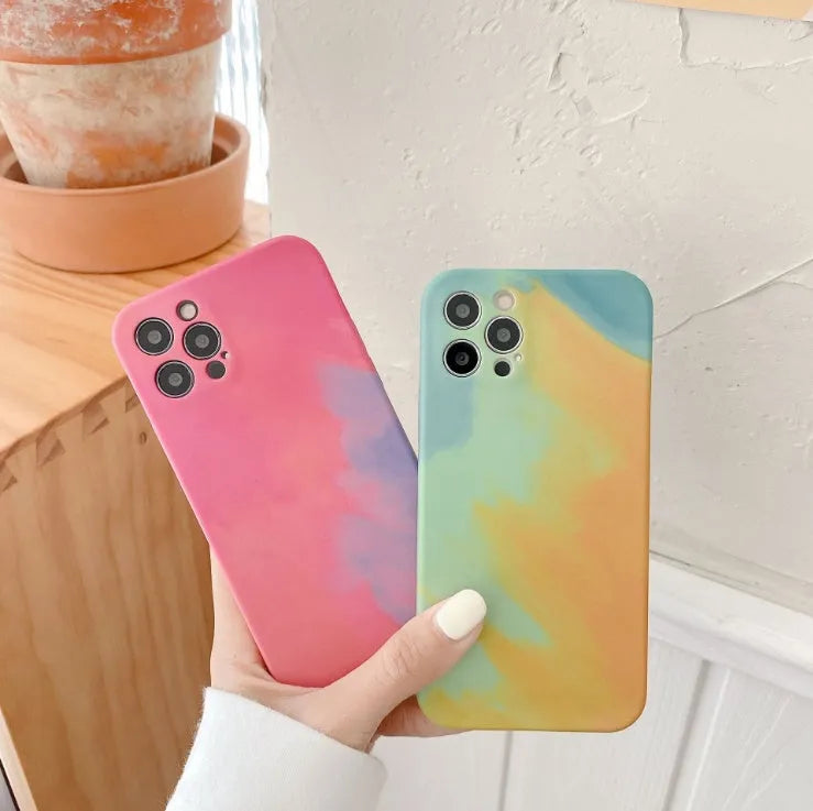Silicone iPhone case with oil painting gradient design in blue, green, pink, or purple colours