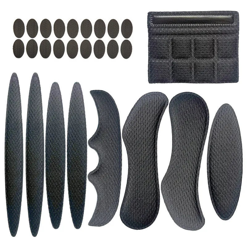 Universal cycling helmet lining for adults with Velcro chin pad and hot press molding construction in four colour options: blue, black, red, and grey.