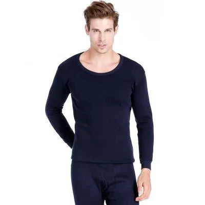 Men's plus velvet thick round neck thermal underwear set with long-sleeve pullover top and trousers in dark grey, light grey, black, or dark blue