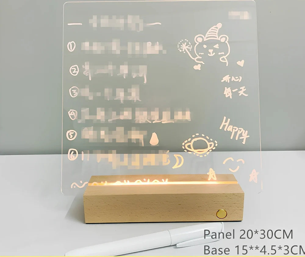 Transparent luminous acrylic note board measuring 100mm x 160mm with erasable surface and included pen