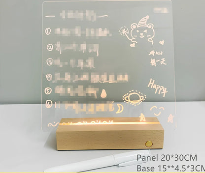 Transparent luminous acrylic note board measuring 100mm x 160mm with erasable surface and included pen