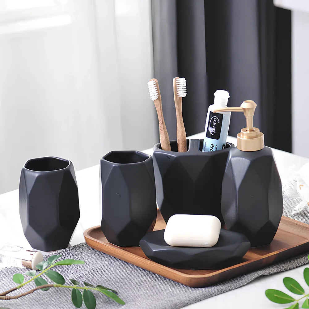 Five-piece ceramic bathroom set with diamond pattern matte finish in black and white options