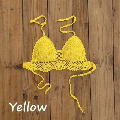 Boho crochet bra in various colors with backless design and chest pad
