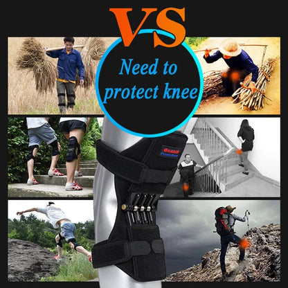 Adjustable spring knee brace for sports support in black, shown with straps.