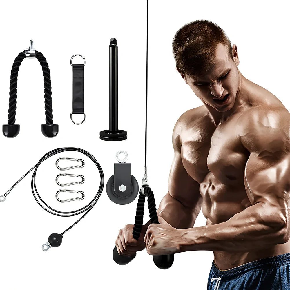 DIY fitness equipment set showing loading pin, hanging strap, tricep rope, pulley and carabiners