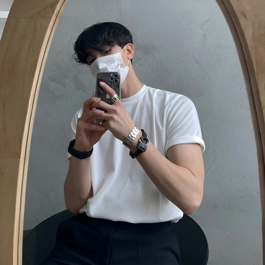 Men's slim fit cotton t-shirt in black with half sleeves and round neck