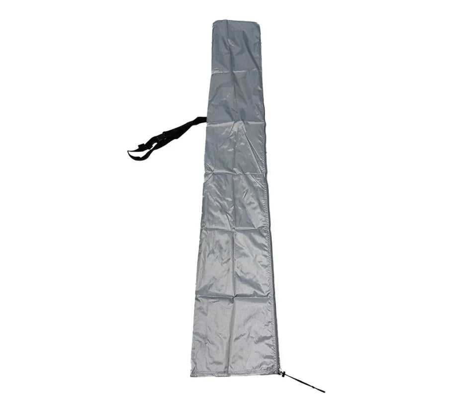 Black waterproof banana-shaped offset umbrella cover for garden furniture.