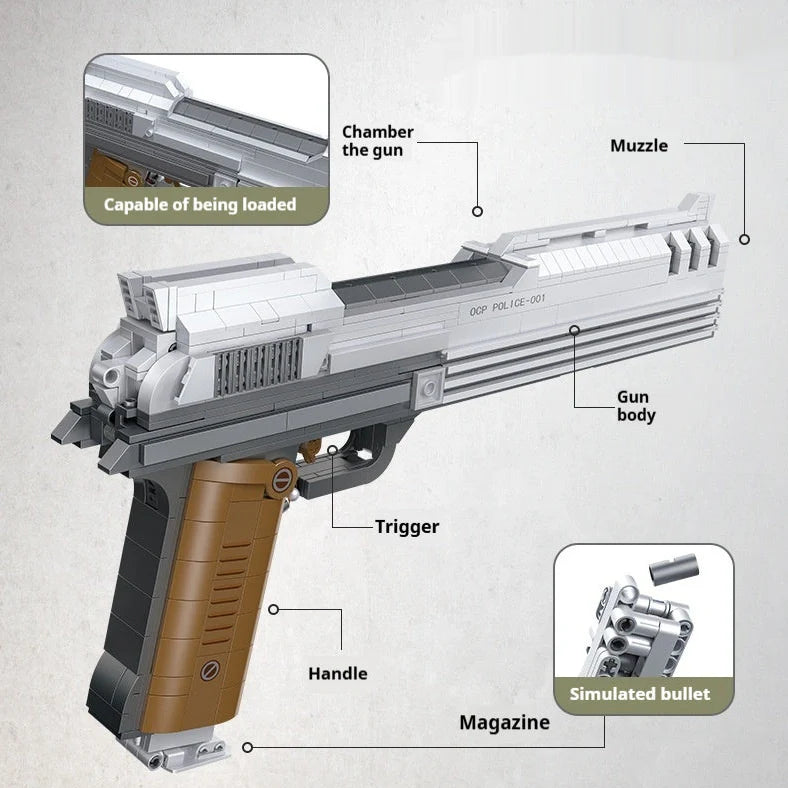 Children's toy gun model with small particle building blocks in colour box packaging