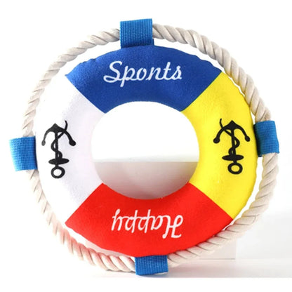 25cm diameter dog pull ring chew toy with squeaker in blue, red or yellow designs