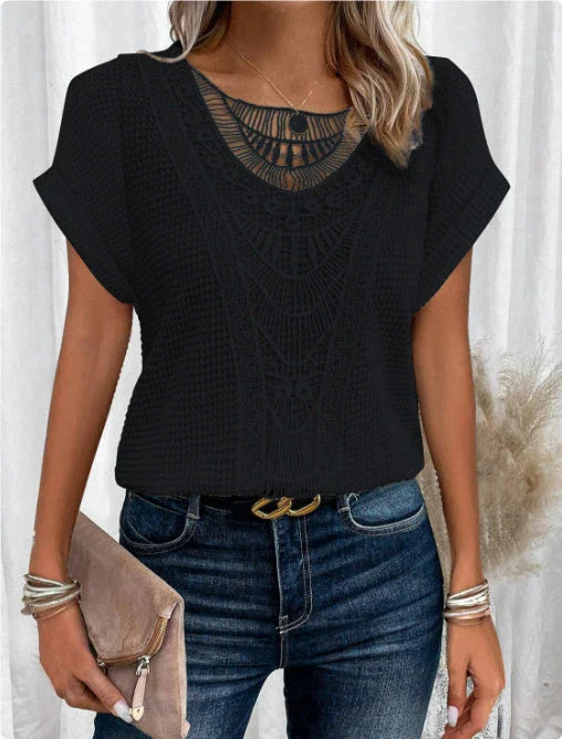 Women's short-sleeve tee in various colors, featuring a unique hollow-out design and soft, comfortable polyester fabric