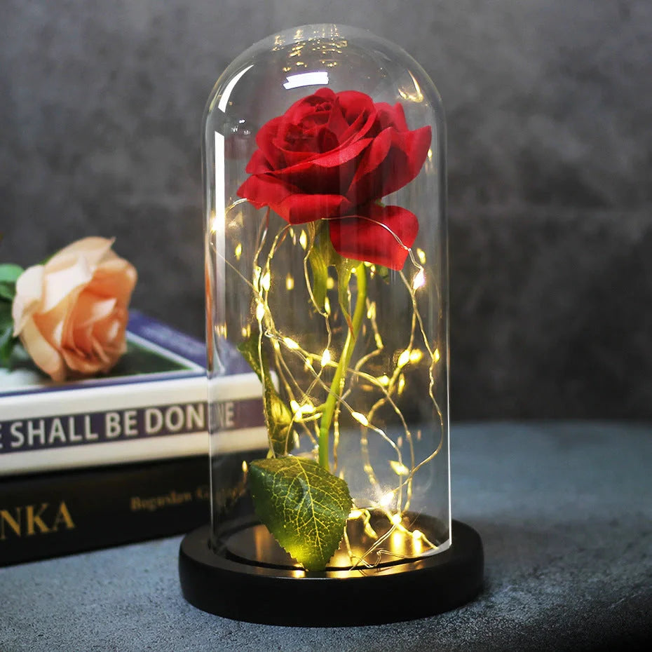 Enchanted Forever Rose in Glass LED Light Christmas Decoration with wooden base