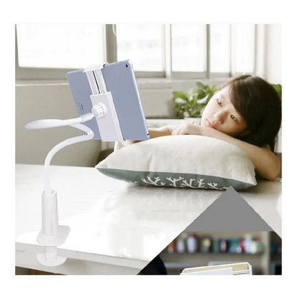 Black flexible mount holder with suction base holding a tablet at an adjustable angle
