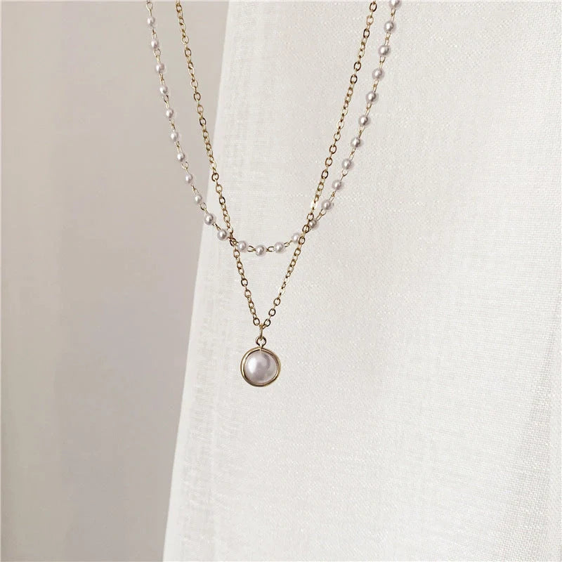 Gold geometric double-layer pearl necklace with adjustable chain