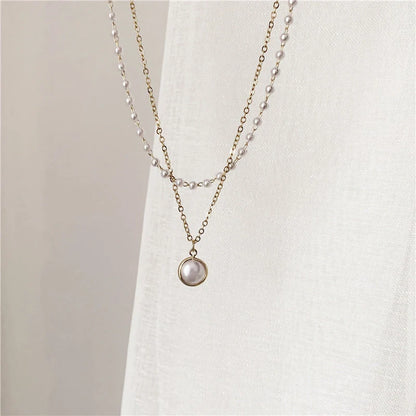 Gold geometric double-layer pearl necklace with adjustable chain