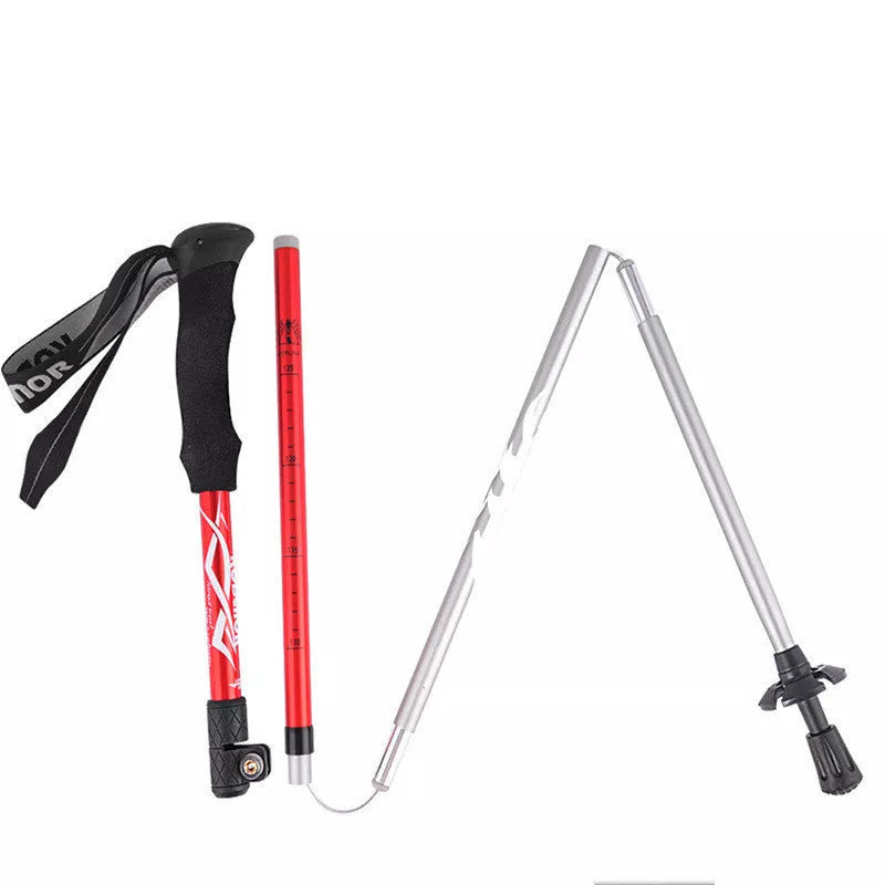 Five-section folding trekking pole in red, blue, black, or gold with adjustable length and diamond tip