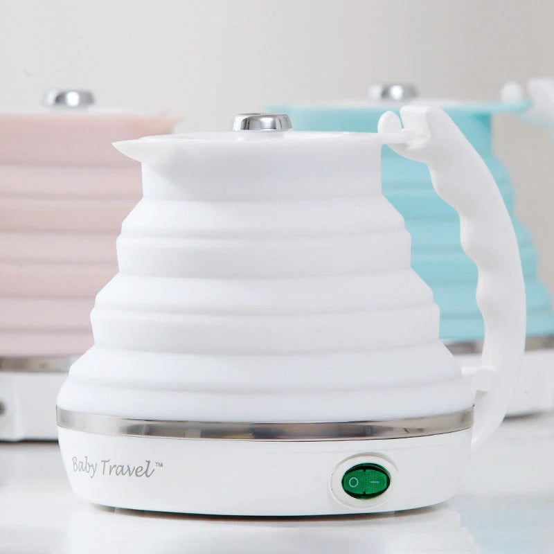 Foldable Electric Kettle in white, blue, and pink colors with UK, US, and EU plugs