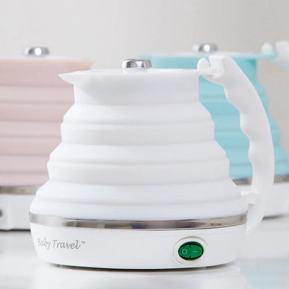 Foldable Electric Kettle in white, blue, and pink colors with UK, US, and EU plugs
