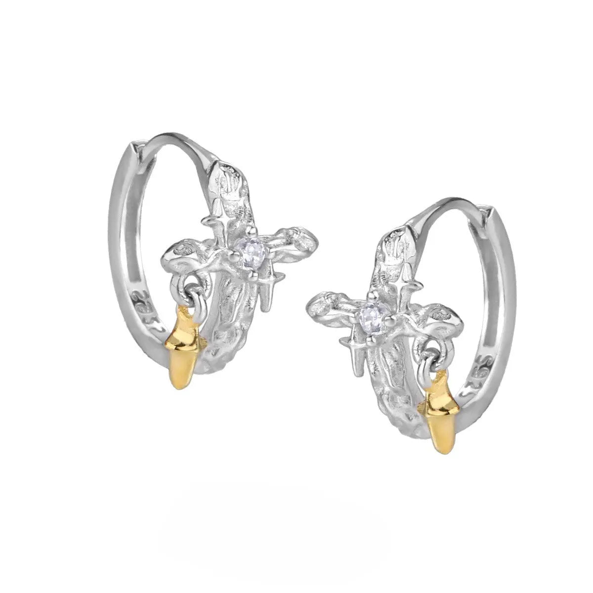 925 sterling silver geometric cross earrings with white gold colour electroplating