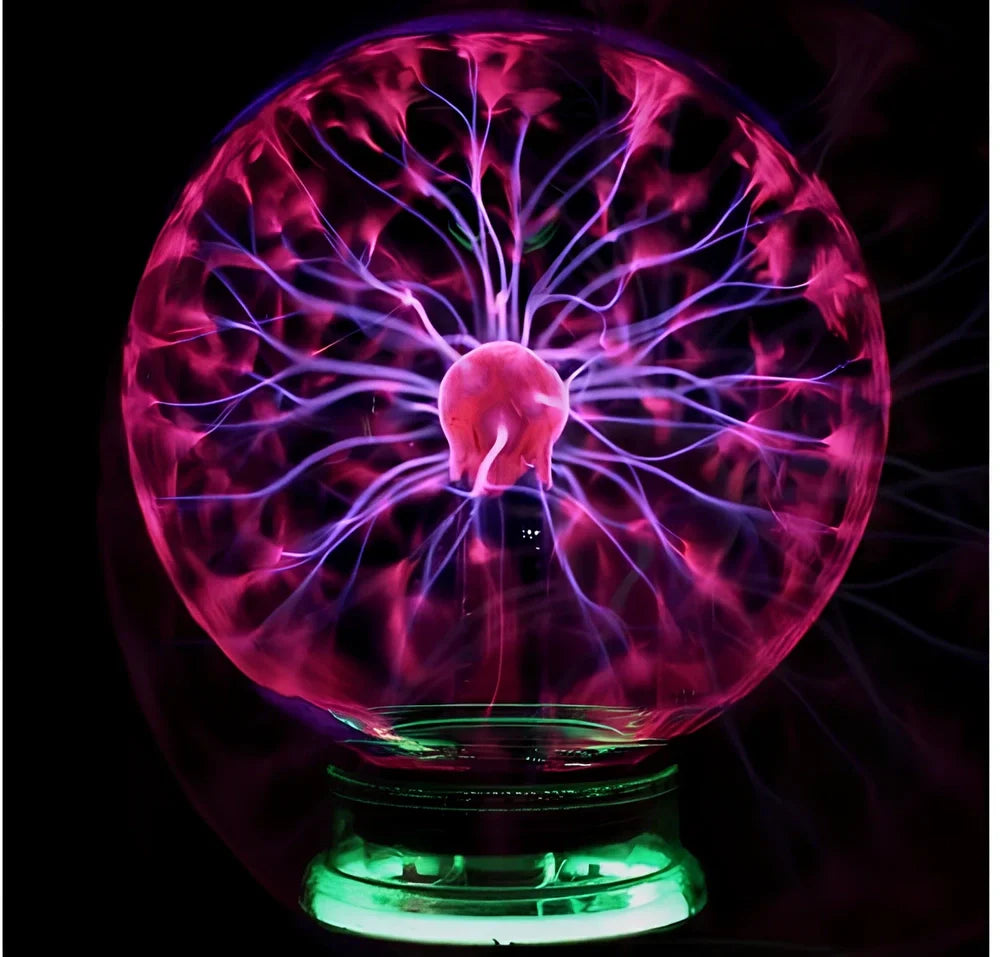 Plasma lightning ball with colourful electrostatic patterns inside 6-inch glass sphere responding to touch