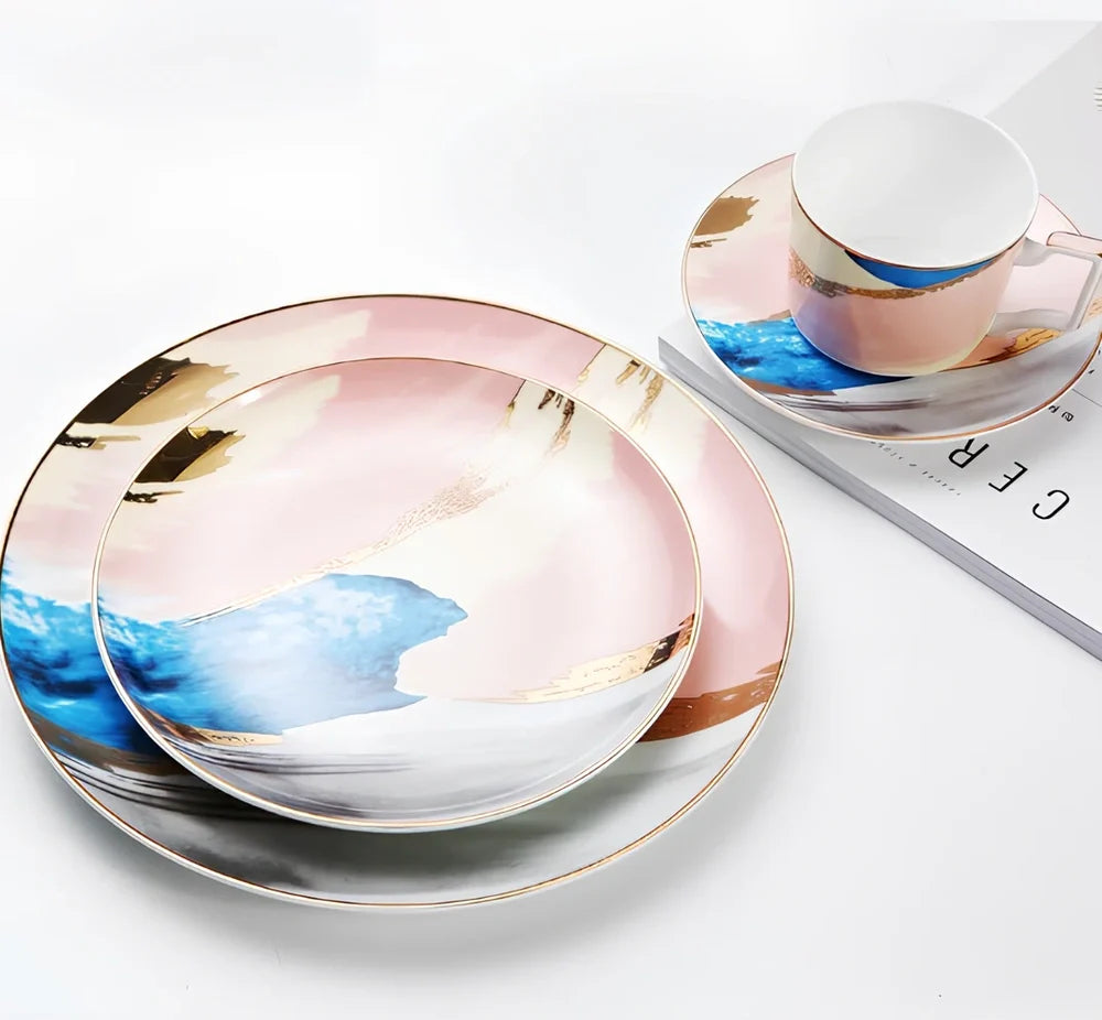 Watercolor dessert plates set in pink with 26.5 cm diameter, 45% bone china, real gold edges on handmade porcelain